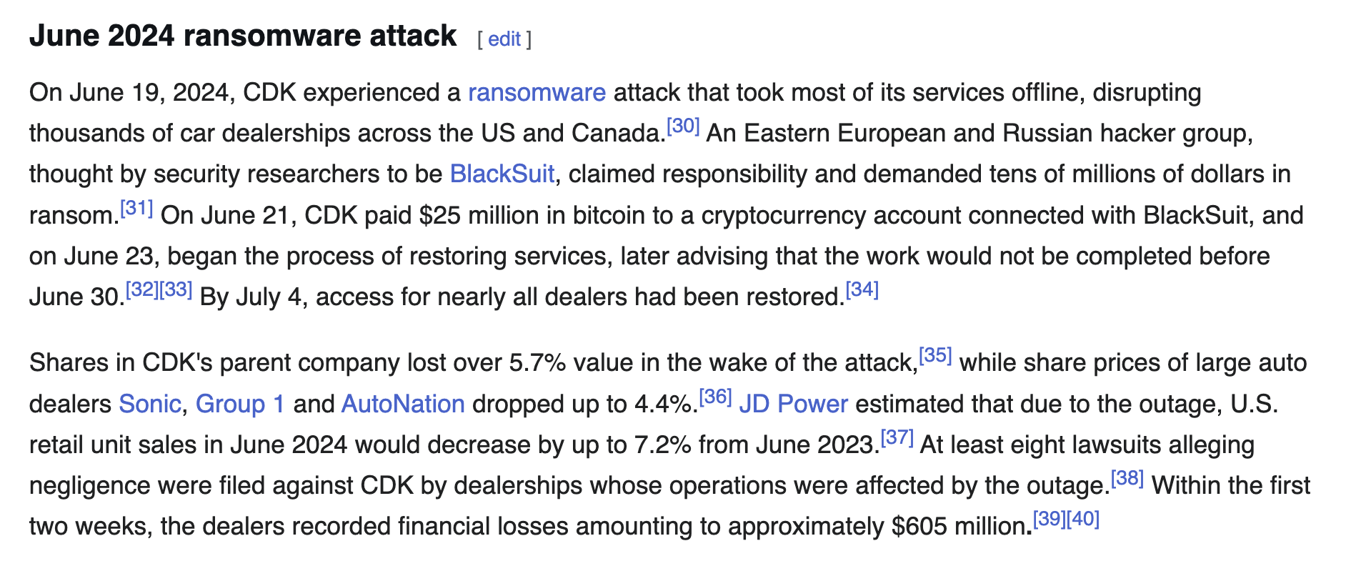 Reference screenshot summarizing the June 2024 CDK ransomware attack and its dealership impact.